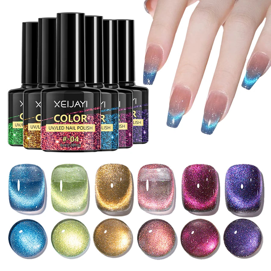 Kit Esmalte Gel Cat Eye 6 Colores – Efecto Magnético Holográfico + Imán
