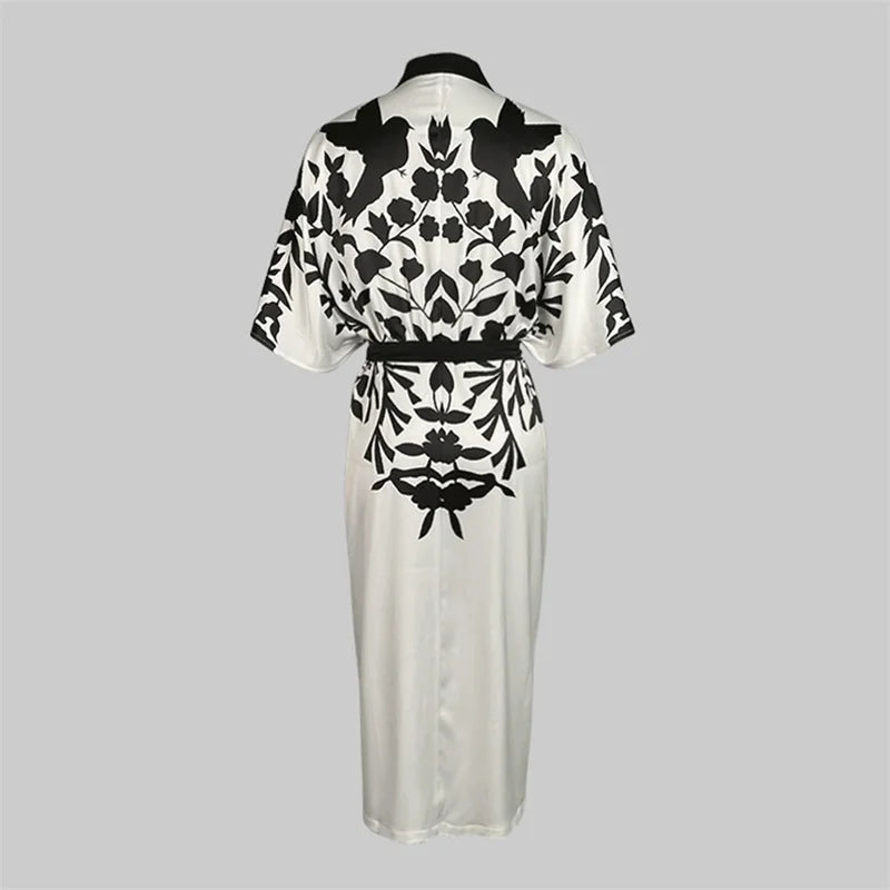 UOOZEE Office Ladies Office A-line Dress 2025 New Summer Half Sleeves V-Neck Tied Waist Flower Printed Evening Midi Dresses