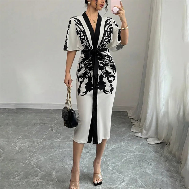 UOOZEE Office Ladies Office A-line Dress 2025 New Summer Half Sleeves V-Neck Tied Waist Flower Printed Evening Midi Dresses