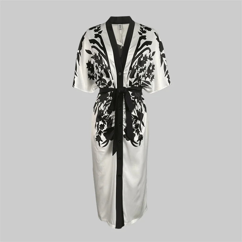 UOOZEE Office Ladies Office A-line Dress 2025 New Summer Half Sleeves V-Neck Tied Waist Flower Printed Evening Midi Dresses