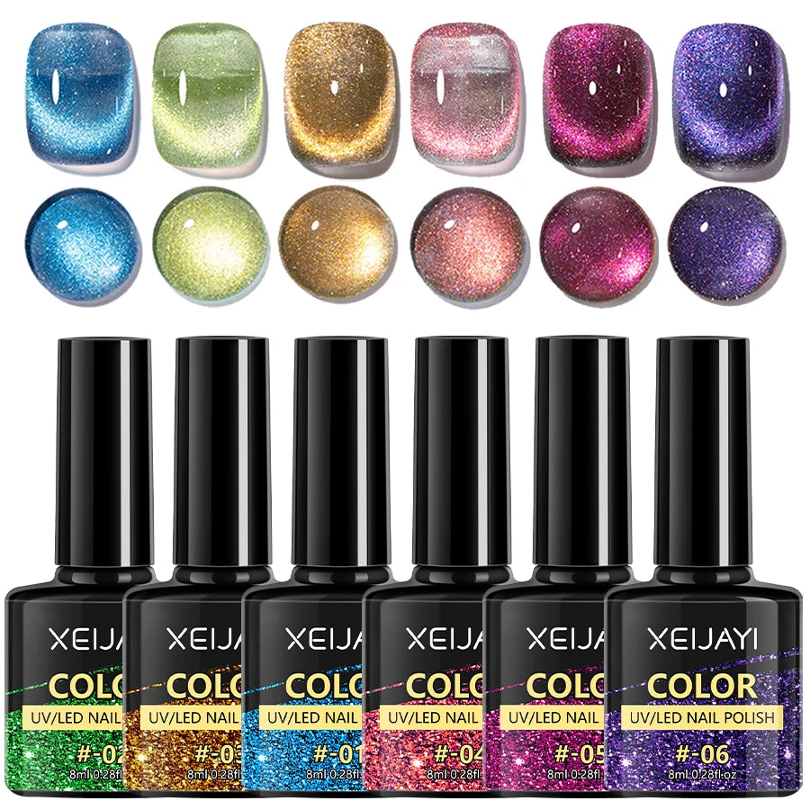 Kit Esmalte Gel Cat Eye 6 Colores – Efecto Magnético Holográfico + Imán