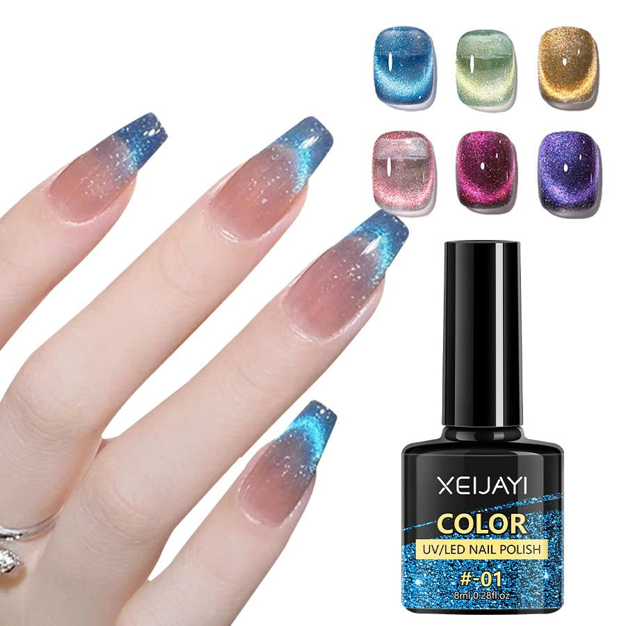 Kit Esmalte Gel Cat Eye 6 Colores – Efecto Magnético Holográfico + Imán